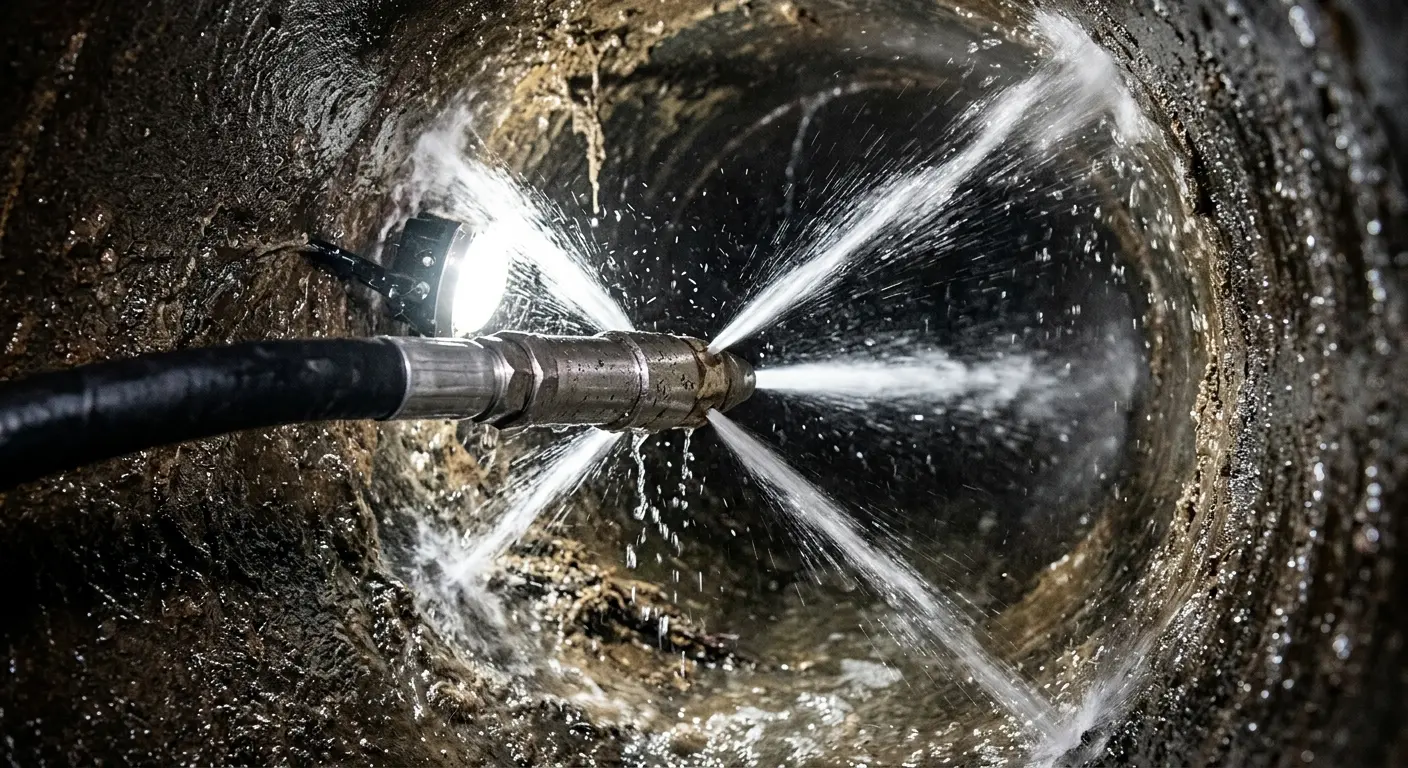 High-pressure hydro jetting nozzle cleaning sewer pipe for Sewer Cleanout in Pomfret