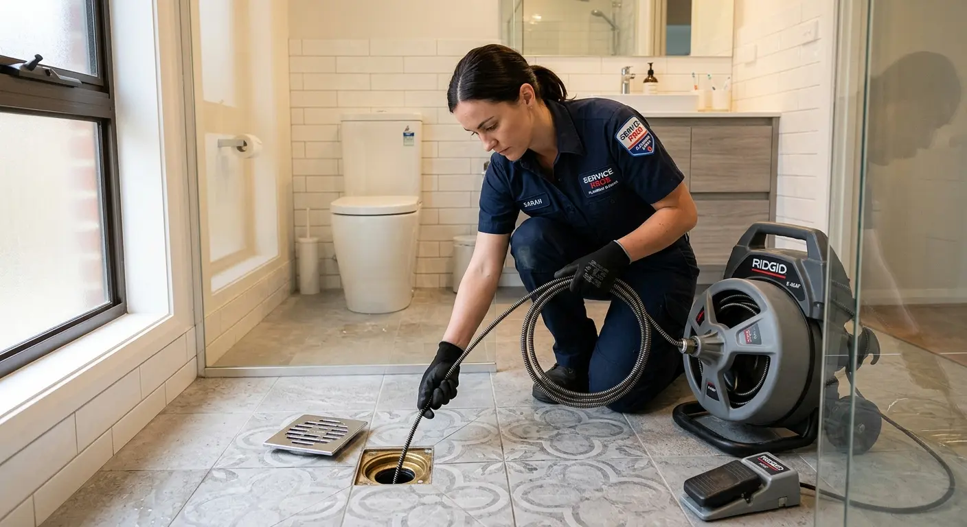 Technician clearing a bathroom floor drain for Drain Cleaning in Pomfret